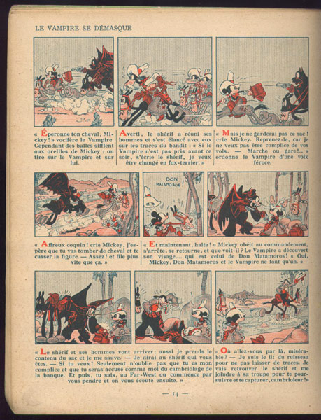 Le vampire se démasque, page numéro 14 en couleurs de Mickey au far-west,dessiné par Walt Disney, éditions Hachette 1935 numéro 9, sur www.wanted-rare-books.com/disney-mickey.htm