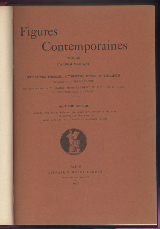 couverture saumon : Figures Contemporaines, Album Mariani tome 8, reliure Editeur,Henri Floury, 1903, Paris, Edition rare en vente sur www.wanted-rare-books.com/angelo-mariani-vin-a-la-coca-du-perou.htm