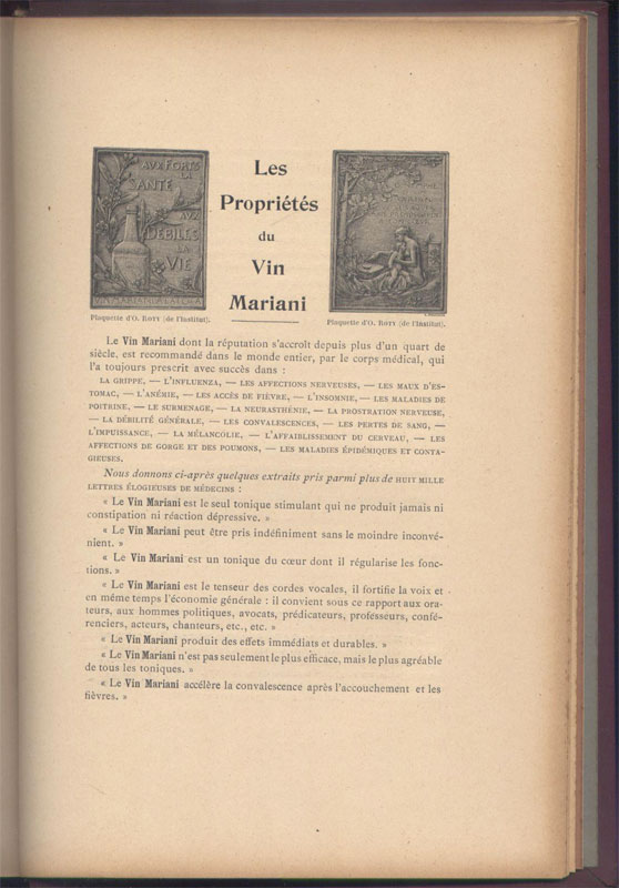 Propriétés du Vin Mariani avec 2 plaquettes de Roty, Album Mariani tome 7, reliure Editeur, 1902, Paris, en vente sur www.wanted-rare-books.com/angelo-mariani-vin-a-la-coca-du-perou.htm