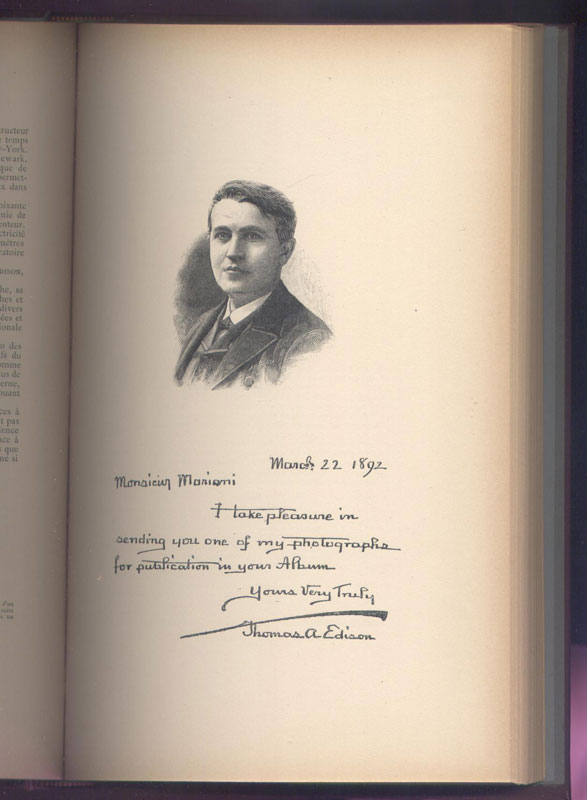 Edison Thomas :  portrait et autographe tiré de Album Mariani tome 2, reliure Editeur, 1896, Paris, Edition rare en vente sur www.wanted-rare-books.com/angelo-mariani-vin-a-la-coca-du-perou.htm