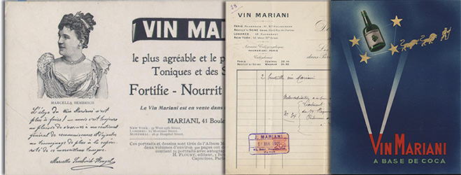 Buvard, facture et carton publicitaire pour le vin Mariani, en vente, sur www.wanted-rare-books.com/angelo-mariani-vin-a-la-coca-du-perou.htm