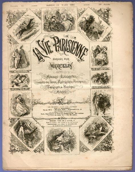 Photo : publicité sur le journal La vie Parisienne, 1881 en vente sur www.wanted-rare-books.com/journaux-anciens-le-gaulois-la-libre-parole-la-vie-parisienne-le-journal-l-eclair-figures-contemporaines.htm