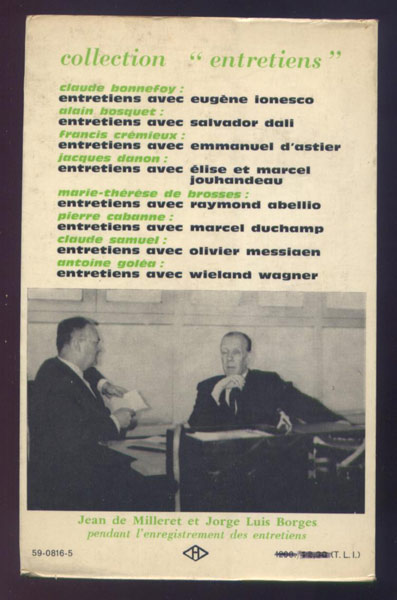 Auteur : Jean de MILLERET, titre : Entretiens avec Jorge Luis Borges, en vente sur www.wanted-rare-books.com/borges-jorge-luis-entretiens-jean-de-milleret-livre.htm