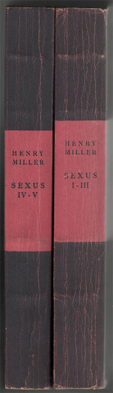Titre: Sexus,Auteur: Henry Miller,dos des 2 volumes du livre premier de la crucifixion en rose,édition originale non expurgée, service de presse sur www.wanted-rare-books.com/miller-henry-sexus-plexus-nexus-crucifixion-en-rose-trilogie-rosy-crucifixion-trilogy.htm -  Librairie on-line Marseille, http://www.wanted-rare-books.com/