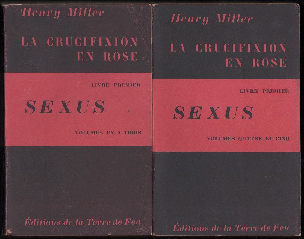 Titre: Sexus,Auteur: Henry Miller,plat des 2 volumes du livre premier de la crucifixion en rose,édition originale non expurgée, service de presse, sur www.wanted-rare-books.com/miller-henry-sexus-plexus-nexus-crucifixion-en-rose-trilogie-rosy-crucifixion-trilogy.htm -  Librairie on-line Marseille, http://www.wanted-rare-books.com/
